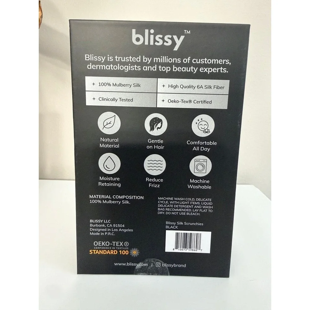 Blissy Silk Scrunchies Women One Size Black 6-Pack 100% Mulberry Silk NWT